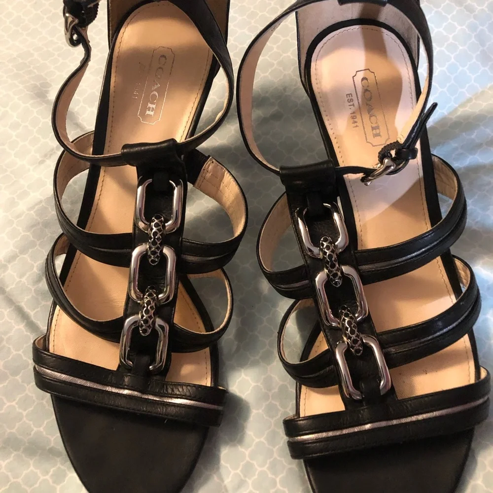 First Pic Copy Never Wore When Bought Coach Sandals Black Leather 3” heels - Picture 3 of 9